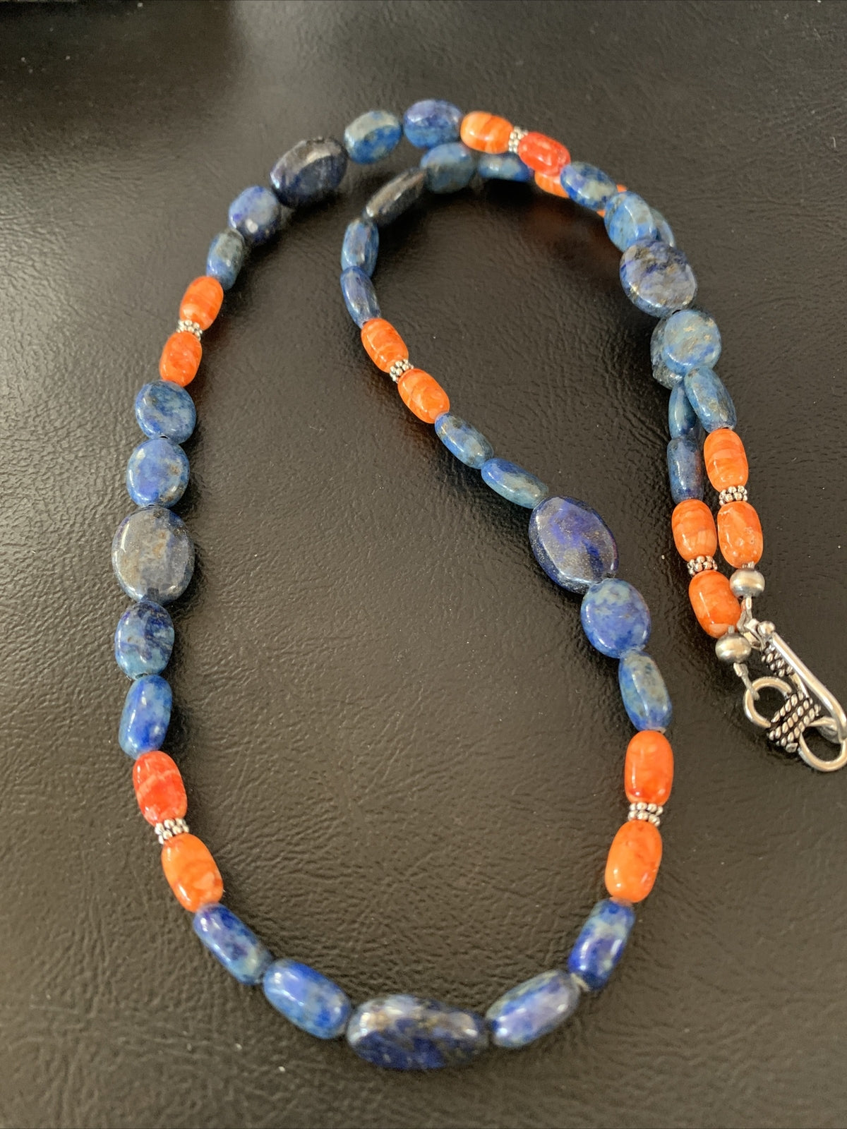 Mens Lapis Orange Spiny Oyster Navajo Pearls Sterling Silver Necklace 20" 01489