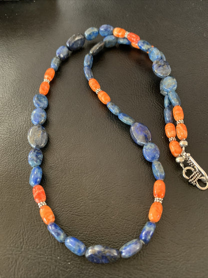 Mens Lapis Orange Spiny Oyster Navajo Pearls Sterling Silver Necklace 20" 01489