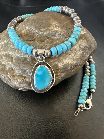 Mens Blue Kingman Turquoise Pendant Navajo Sterling Silver Necklace 21" 18382