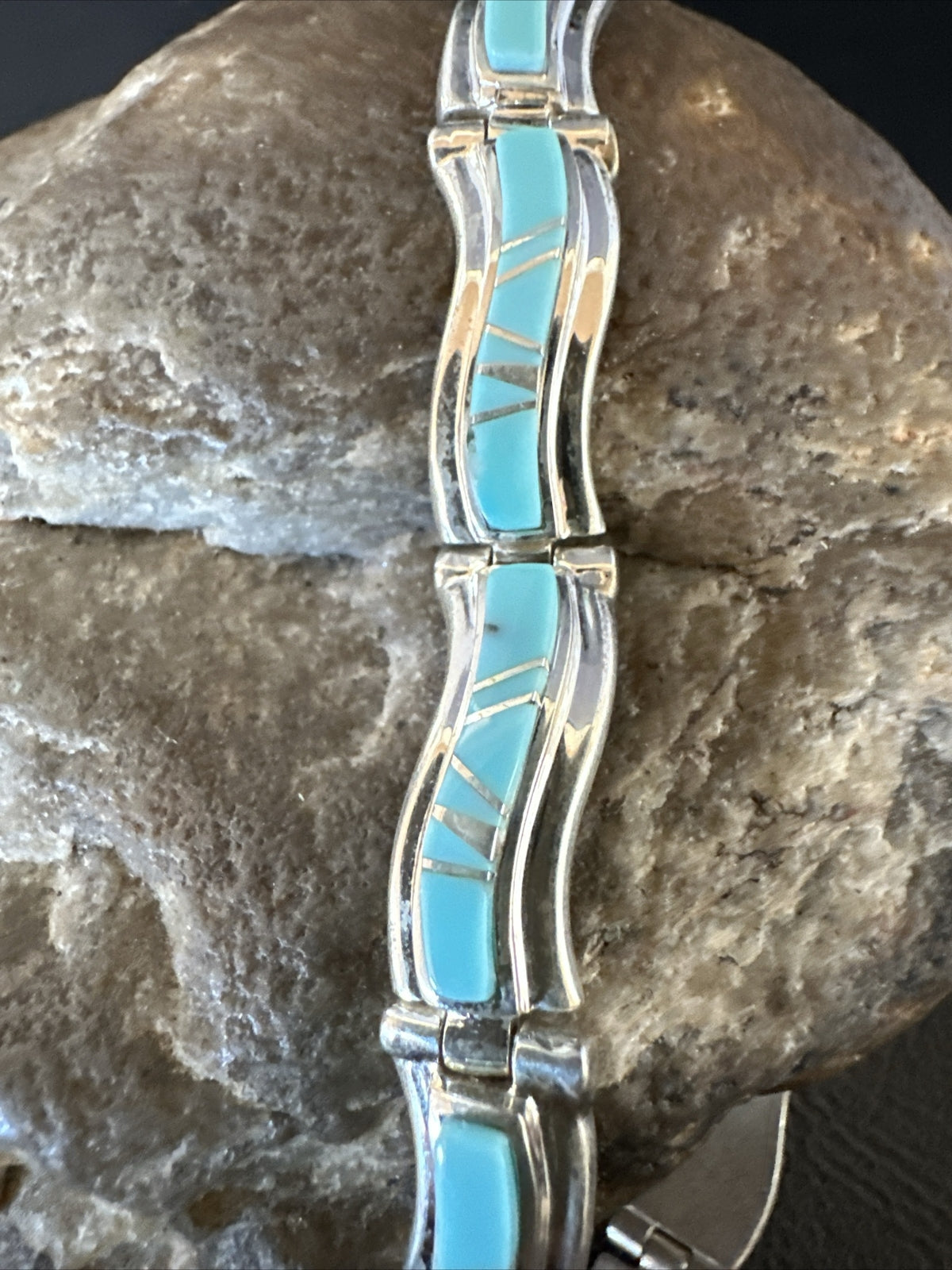 Blue Turquoise Navajo Old Pawn Sterling Silver Inlay Bracelet 8” 18132
