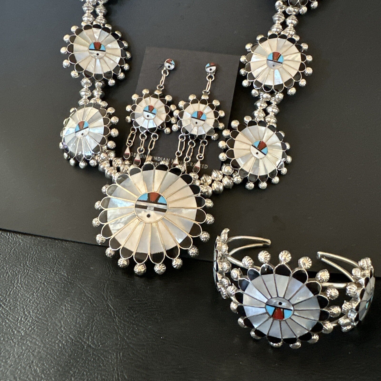 Sunface Onyx Turquoise MOP Zuni Sterling Silver Squash Necklace Bracelet 18148