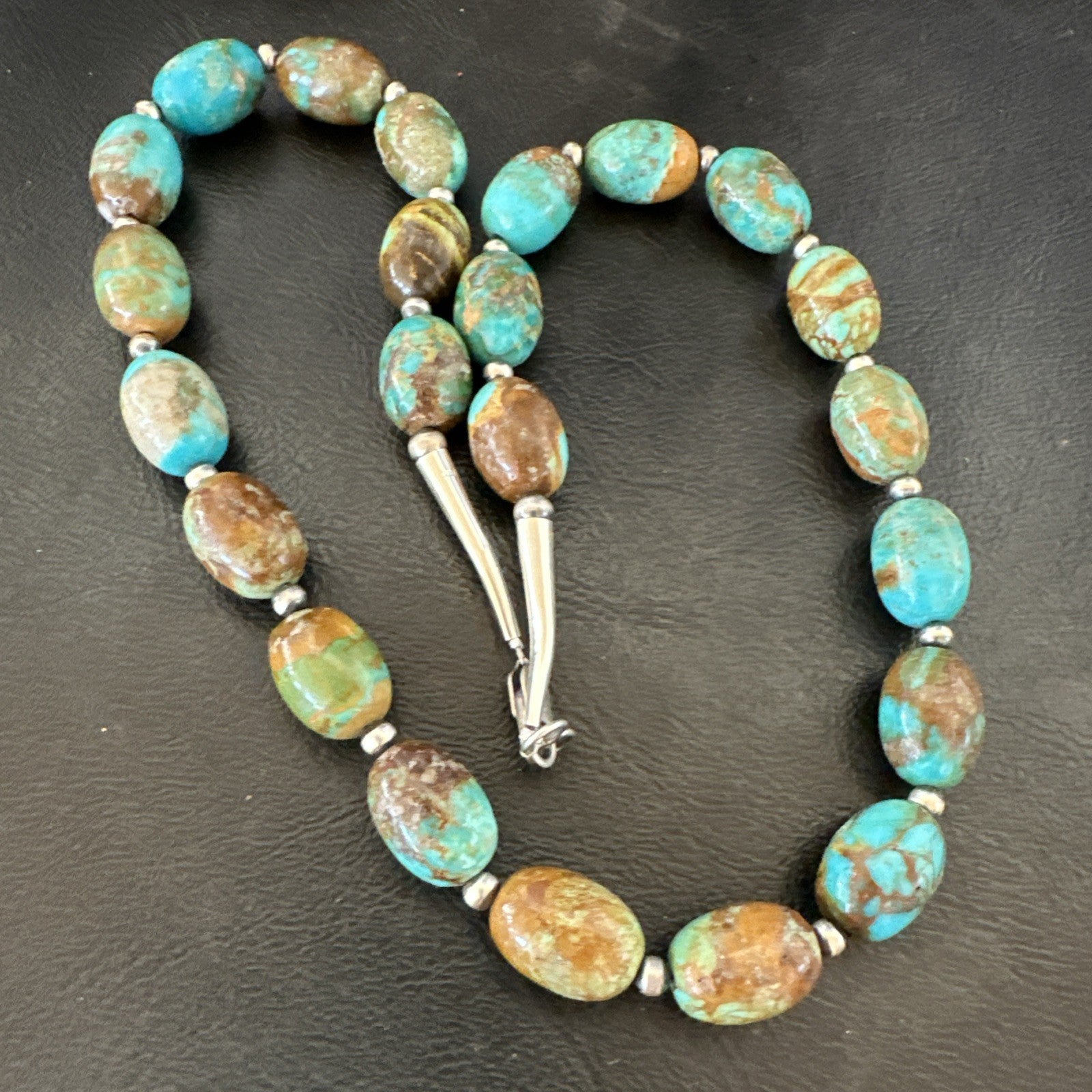 Green Blue Royston Turquoise Navajo Sterling Silver Beads Necklace 18" 19562