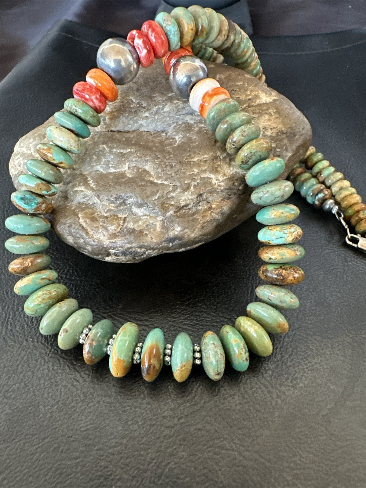 Green Turquoise Spiny Oyster Navajo Pearls Sterling Silver Necklace 18318