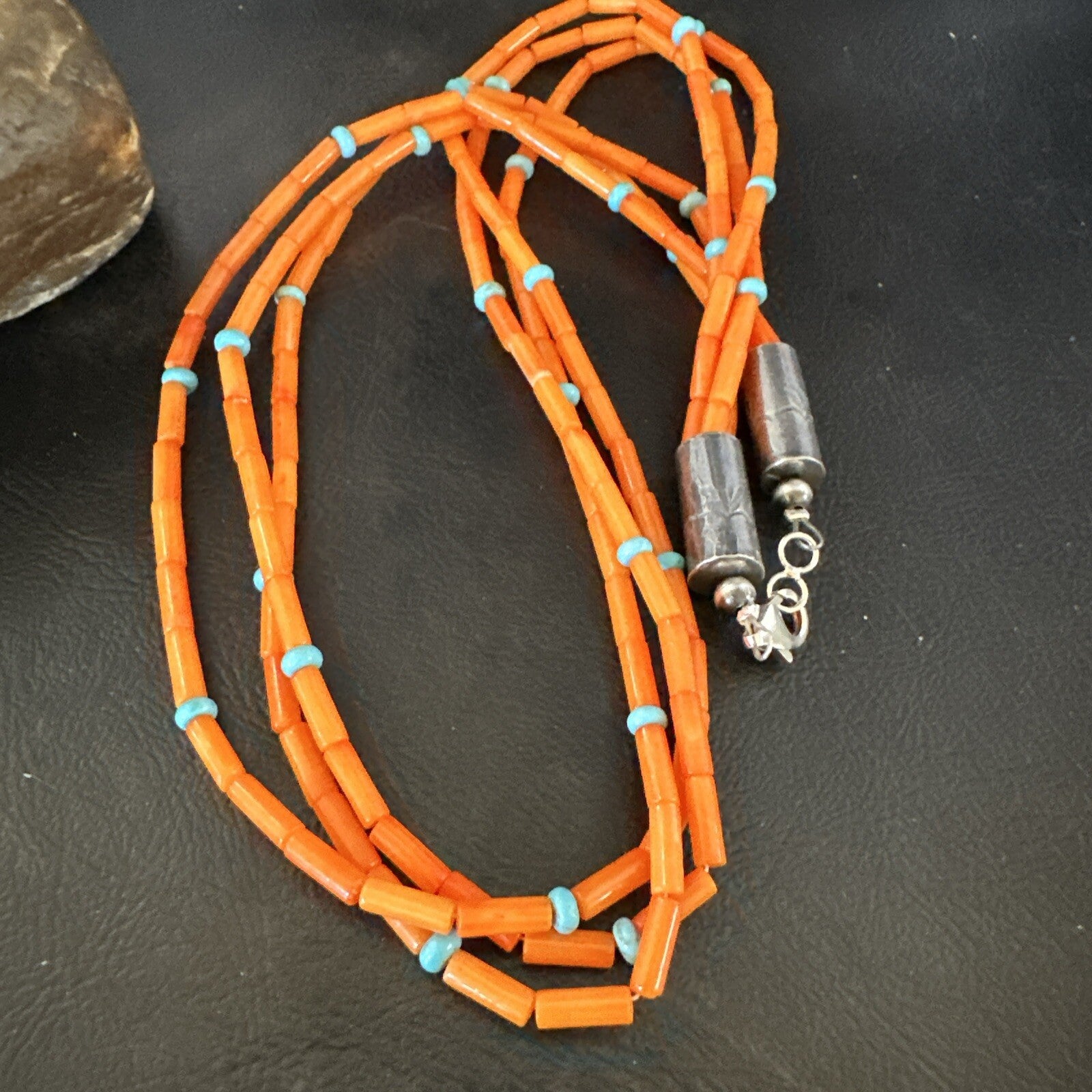 Native Turquoise Orange Coral Sterling Silver 3 Strand Necklace 21" 17819