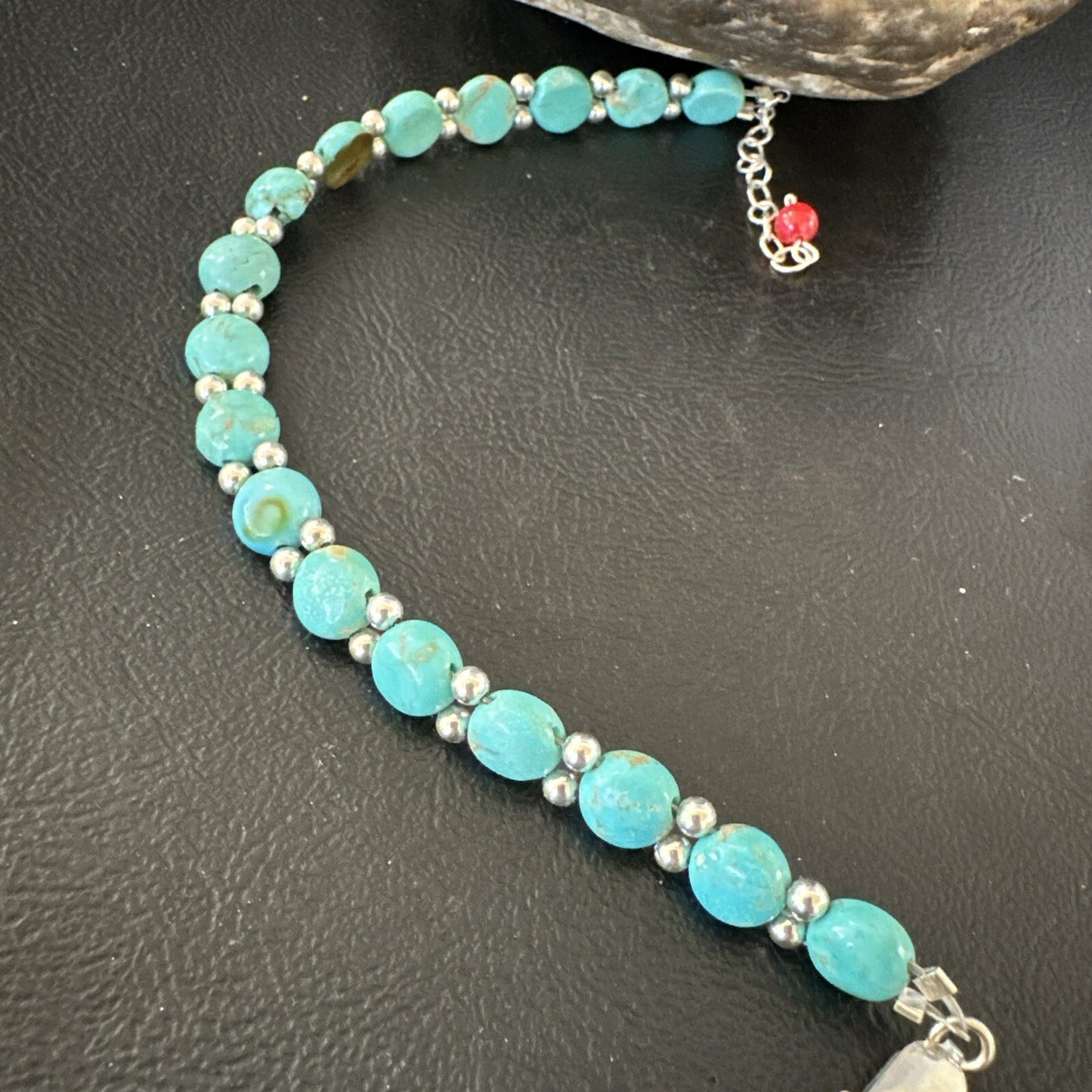 Womens Blue Turquoise Bead Southwestern Sterling Silver Link Bracelet 8" 17976