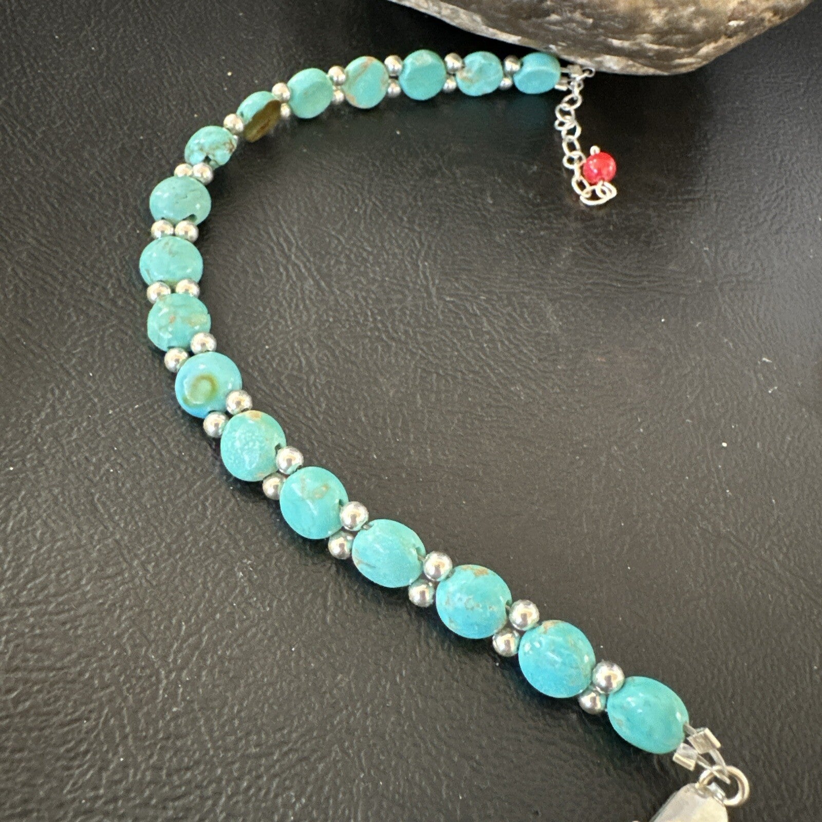 Womens Blue Turquoise Bead Southwestern Sterling Silver Link Bracelet 8" 17976