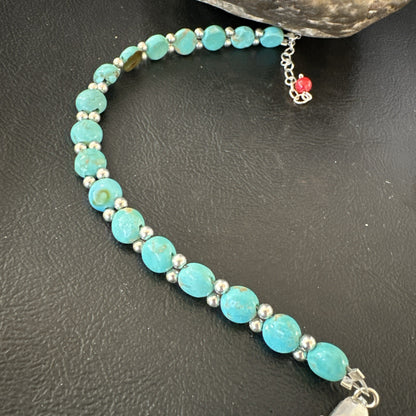 Womens Blue Turquoise Bead Southwestern Sterling Silver Link Bracelet 8" 17976