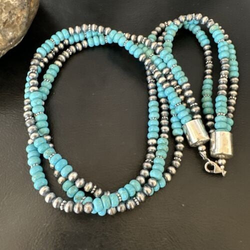 Navajo Pearls Blue Turquoise Necklace 3-Strand Sterling Silver 16305