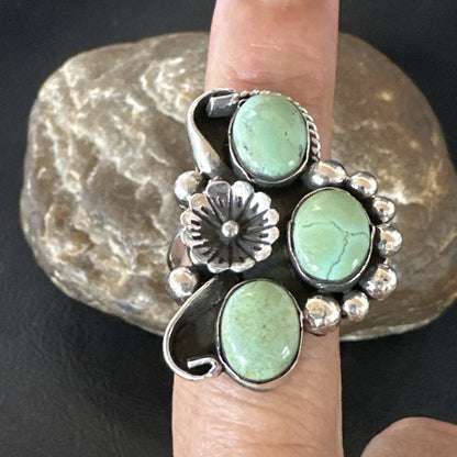 Yazzie Ring Green Turquoise Navajo Sterling Silver Cluster Size 8.5 19231