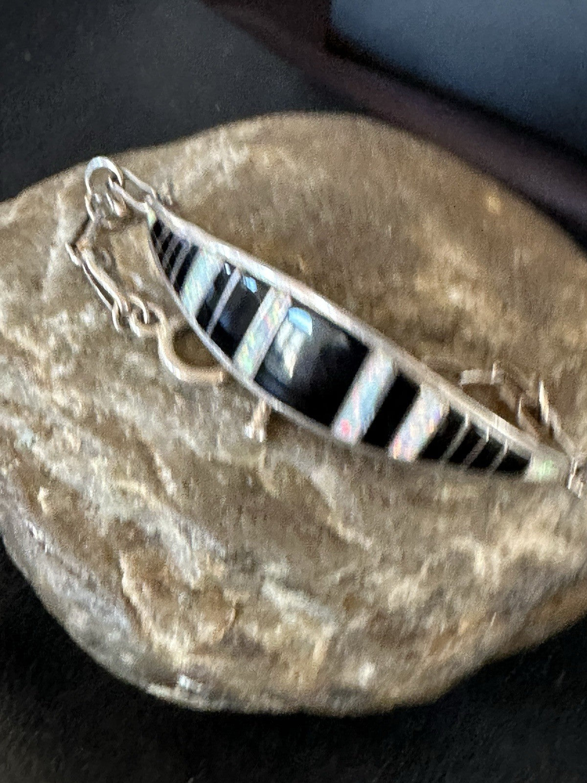 Inlay Bracelet Black Onyx Navajo Old Pawn Sterling Silver Link Bracelet 7" 19793