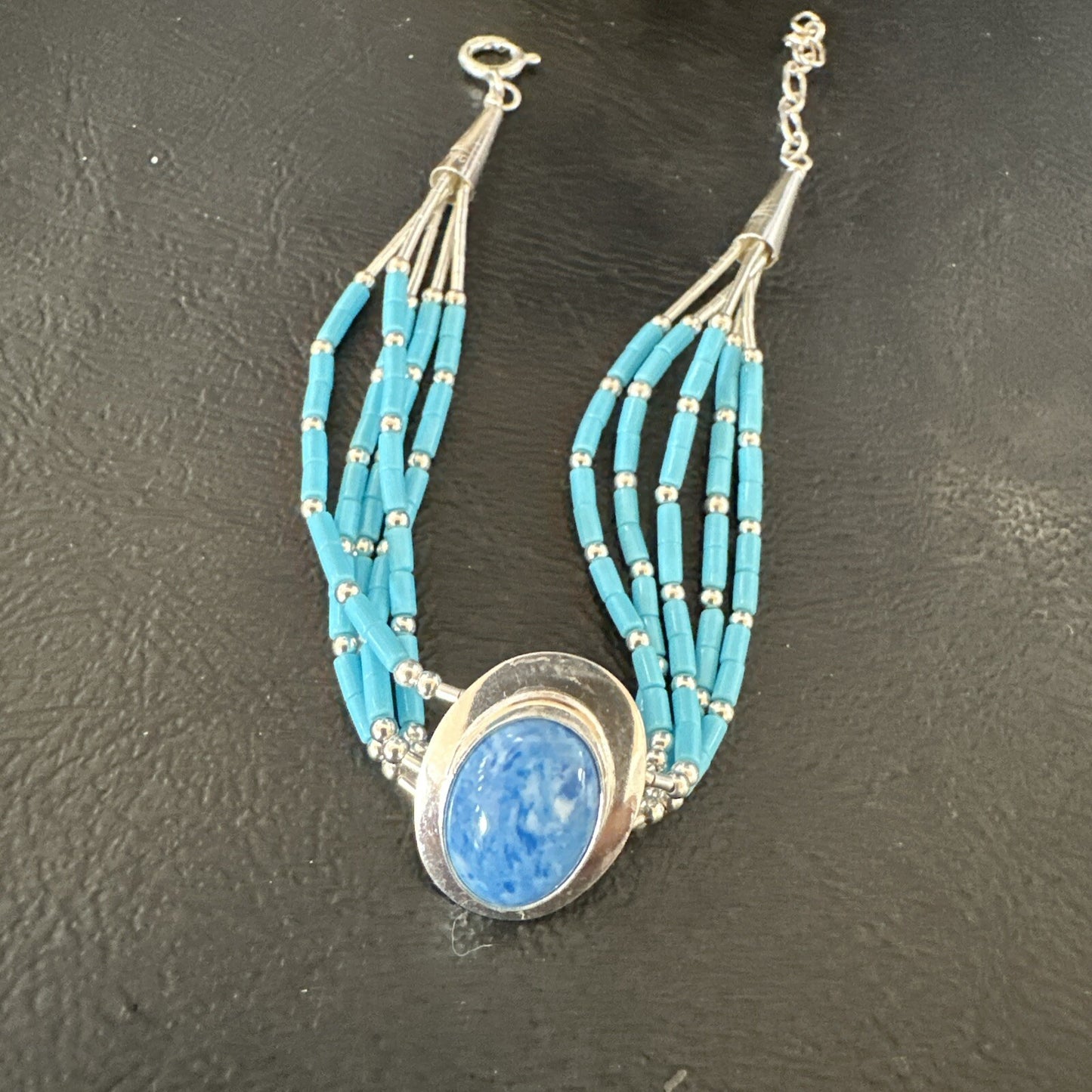 Blue Turquoise Lapis Heishi 5S Pendant Liquid Sterling Silver Bracelet 8" 17753