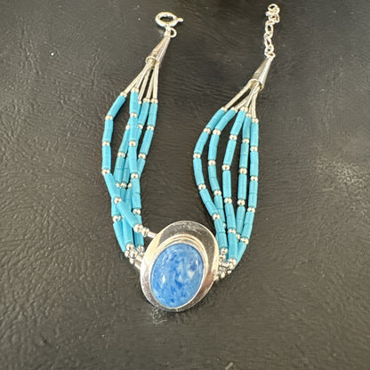 Blue Turquoise Lapis Heishi 5S Pendant Liquid Sterling Silver Bracelet 8" 17753