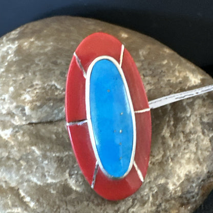 Blue Turquoise Coral Navajo Sterling Silver Ring Size 7.5 18766