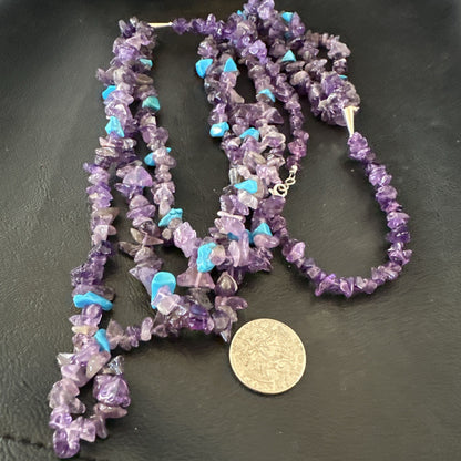 Sterling NAVAJO Purple Amethyst Blue Turquoise 3S Silver Necklace 30” 19569