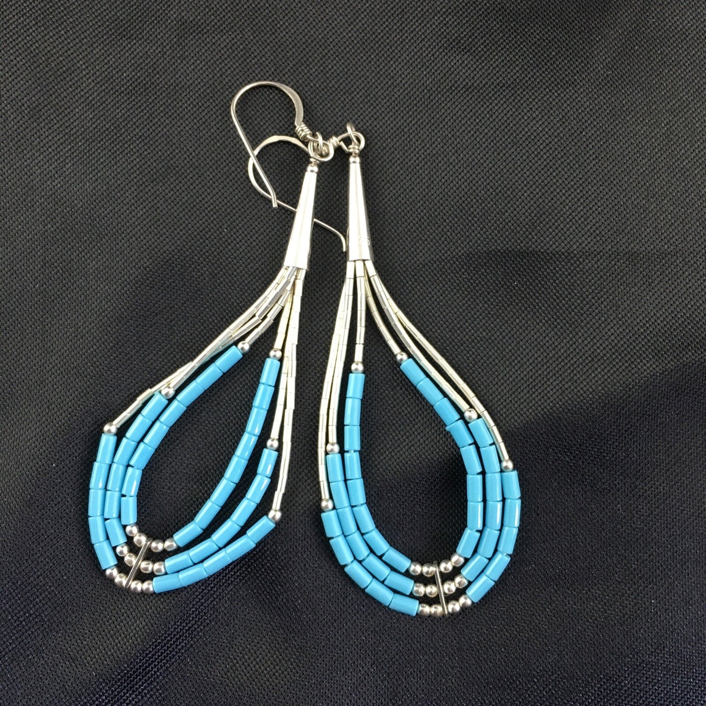 Native Turquoise Heishi Tube Liquid Sterling Silver Dangle Earrings 2" 08875
