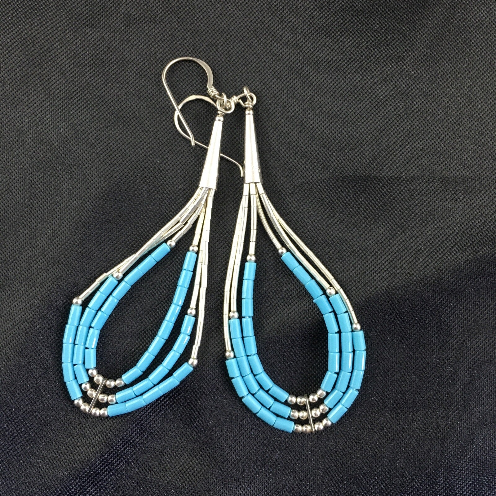 Native Turquoise Heishi Tube Liquid Sterling Silver Dangle Earrings 2" 08875