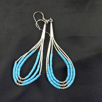 Native Turquoise Heishi Tube Liquid Sterling Silver Dangle Earrings 2" 08875