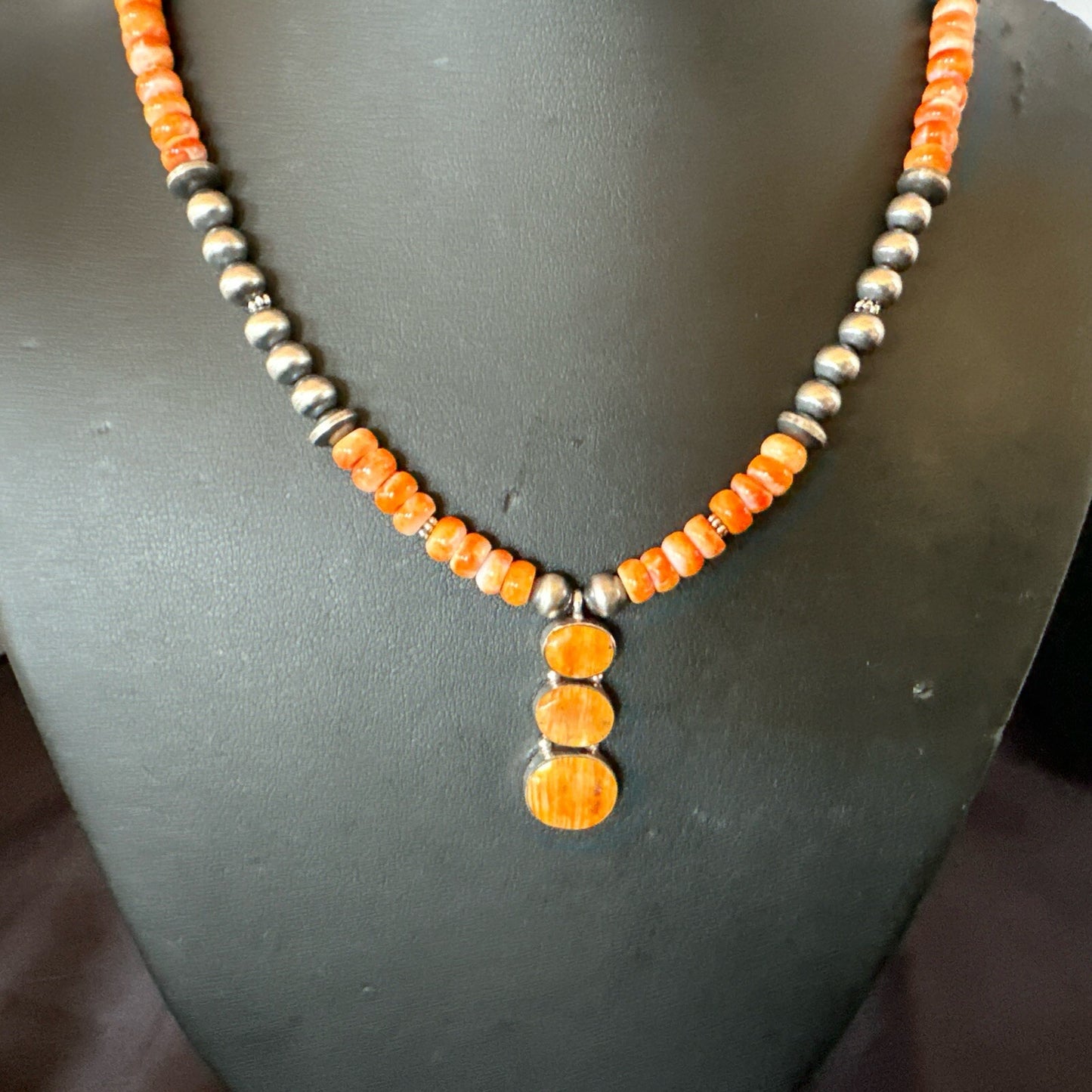 Navajo Pearls Sterling Silver Necklace Orange Spiny Oyster Pendant 20" 18264