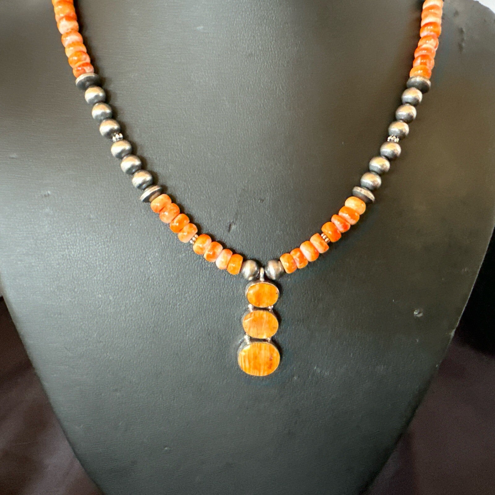 Navajo Pearls Sterling Silver Necklace Orange Spiny Oyster Pendant 20" 18264