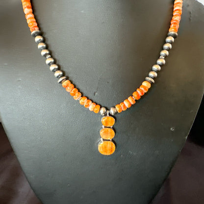 Navajo Pearls Sterling Silver Necklace Orange Spiny Oyster Pendant 20" 18264