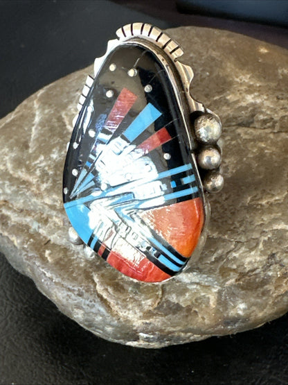 Cosmic Inlay Onyx Turquoise Spiny Navajo Sterling Silver Ring Size 9 19789
