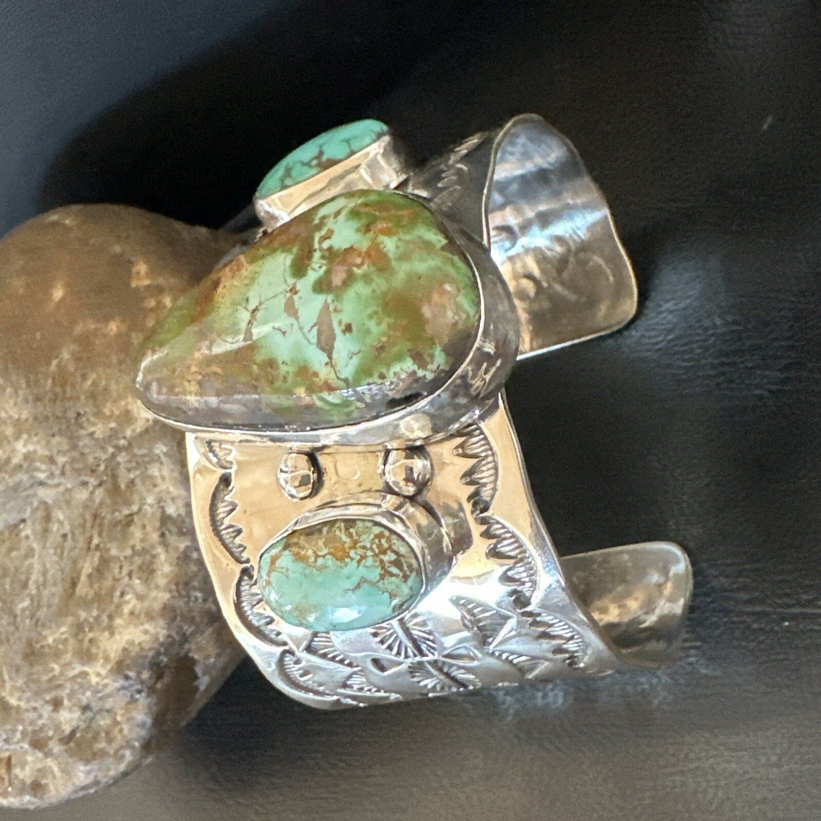 Navajo Green Royston TURQUOISE Stamped Sterling Silver Cuff Bracelet 17938