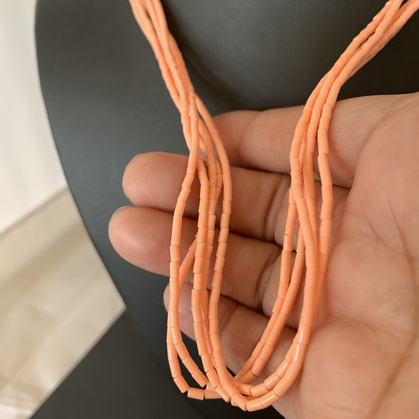 Pink Coral Stabilized Bead 5 Strand Navajo Sterling Silver Necklace 02208