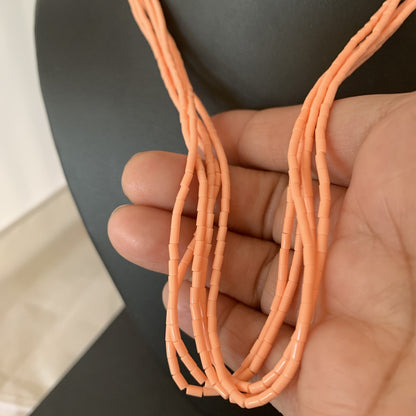 Pink Coral Stabilized Bead 5 Strand Navajo Sterling Silver Necklace 02208