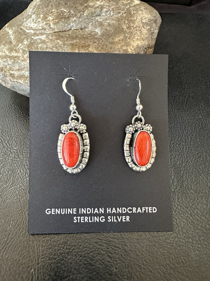 Handmade Red Coral Sterling Silver Navajo Dangle Earrings Yazzie 19534