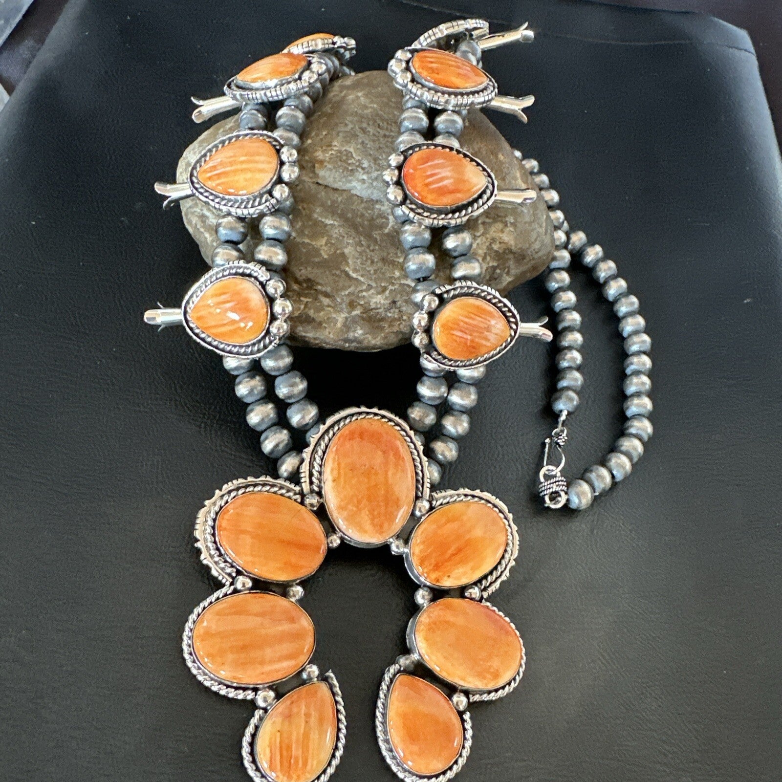 XL Orange Spiny Oyster Sterling Silver Squash Blossom Necklace 18134