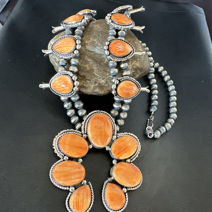 XL Orange Spiny Oyster Sterling Silver Squash Blossom Necklace 18134