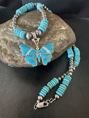 Butterfly Blue Turquoise Opal Pendant Navajo Necklace | Sterling Silver | Authentic Native American Handmade | 19511