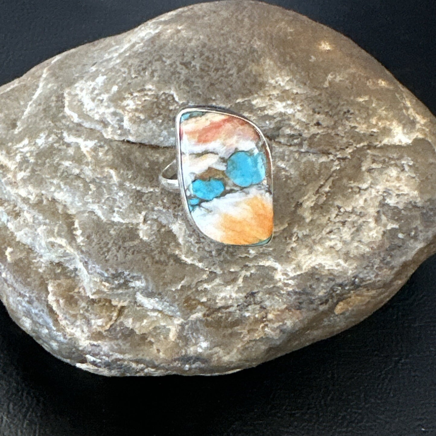Blue Turquoise Spiny Oyster Navajo Sterling Silver Ring Size 8 18250