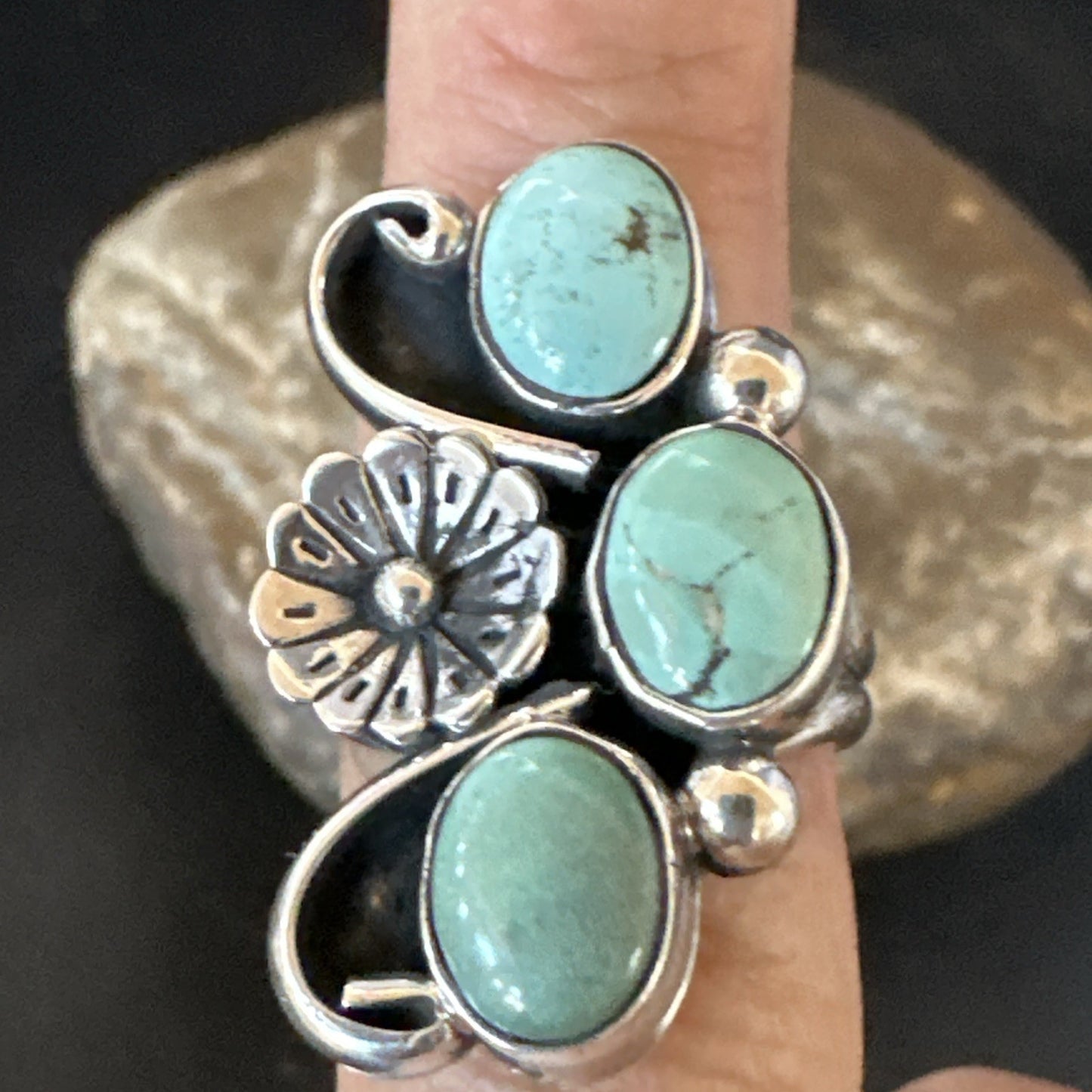 Blue Green Turquoise Navajo Sterling Silver Cluster Ring Size 8.5 19081