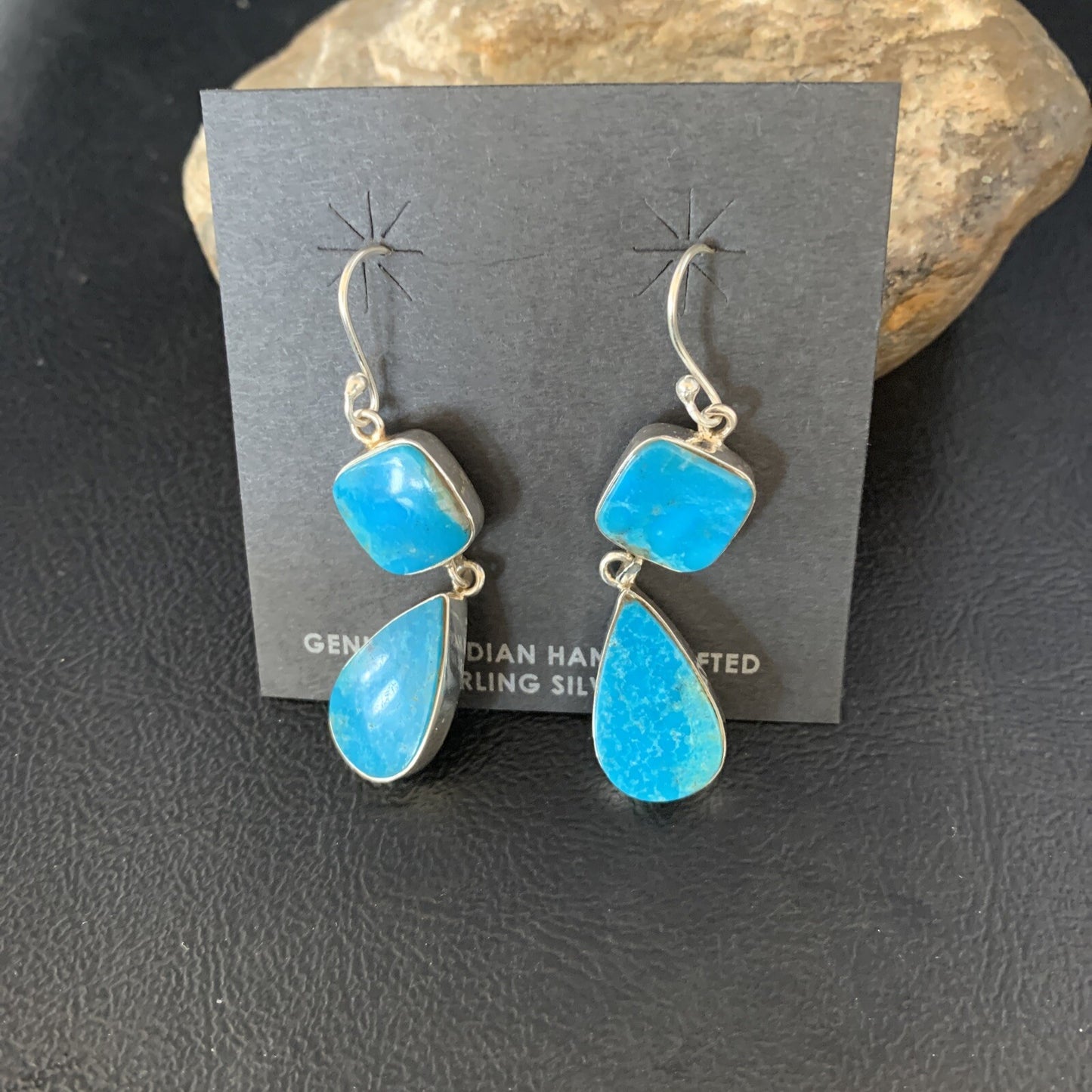 Kingman Turquoise Handmade Navajo Sterling Silver Dangle Earrings 1.5" 14012