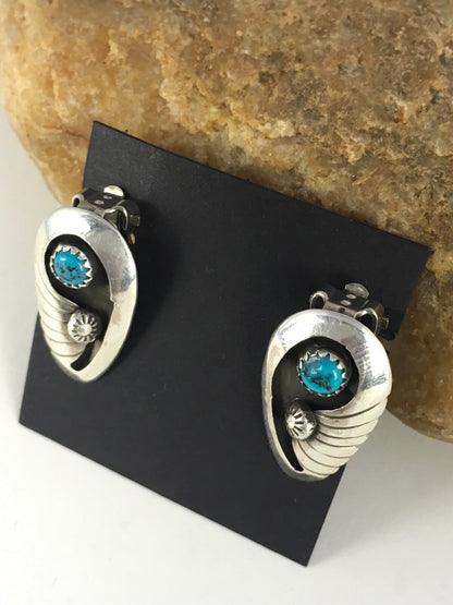 Blue Turquoise Clip-on Navajo Sterling Silver Old Pawn Earrings Set 08864