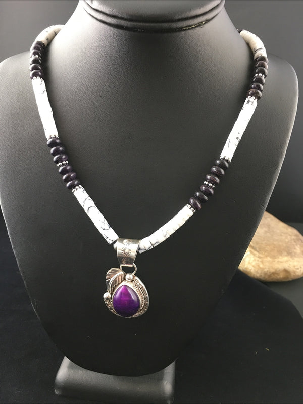 Purple Stone Howlite Bead Navajo Necklace | Sterling Silver | Authentic Native American Handmade | 04607