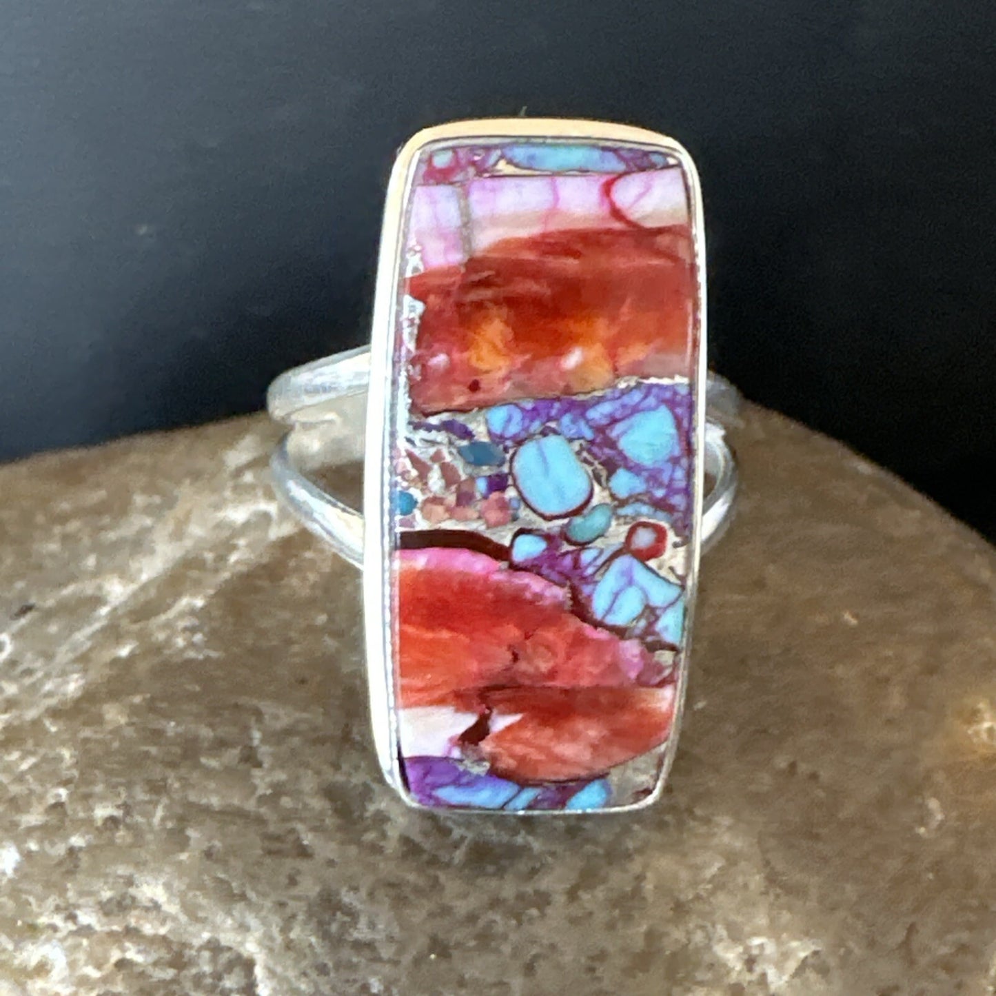 Blue Turquoise Spiny Oyster Southwestern Sterling Silver Ring Size 9 18540