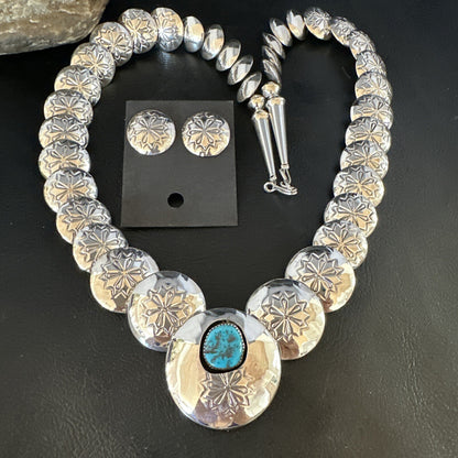 Native Navajo Sterling Silver Turquoise Pillow Stamped Bead Necklace 15132