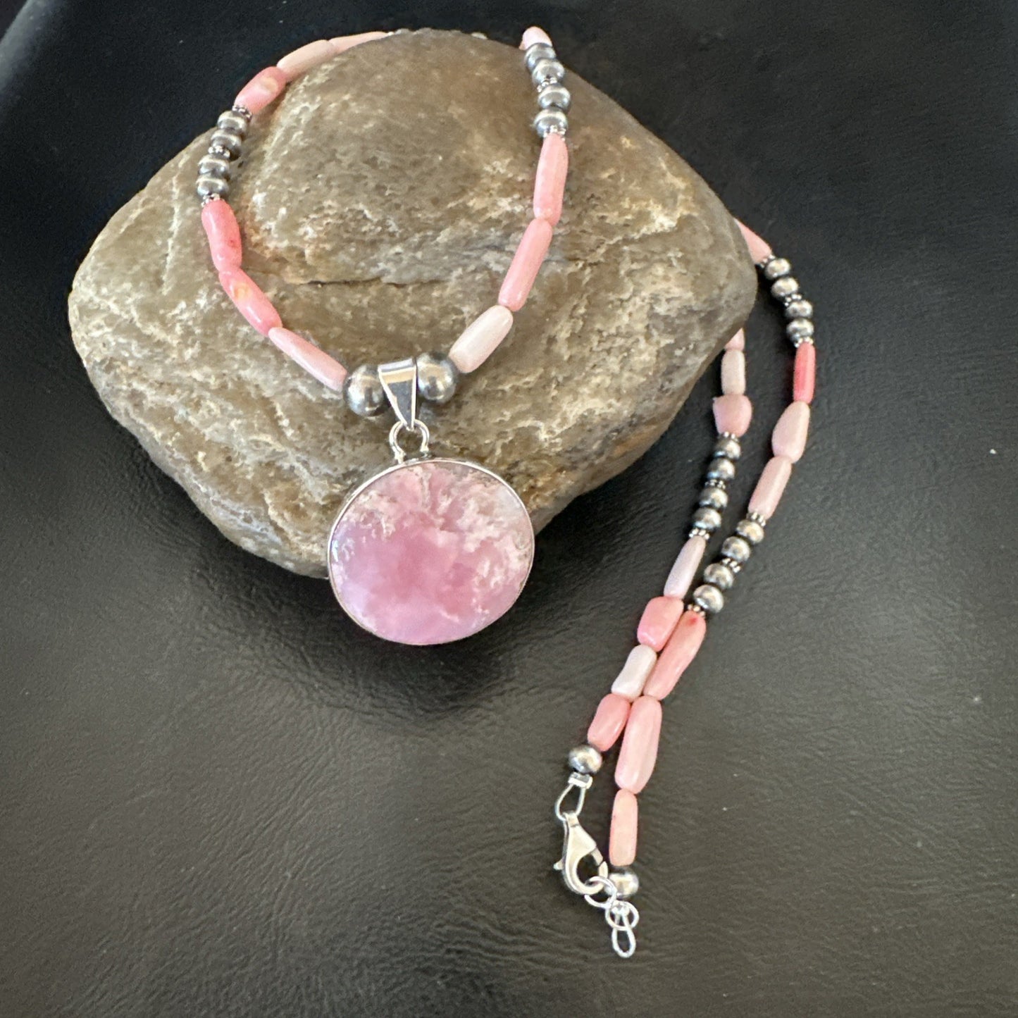 Southwestern Sterling Silver Pink Coral Bead Necklace Quartz Pendant 24" 19588