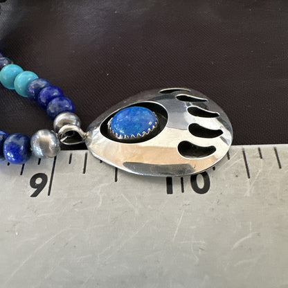 Mens Blue Turquoise Lapis BearPaw Pendant Navajo Sterling Silver Necklace 17882