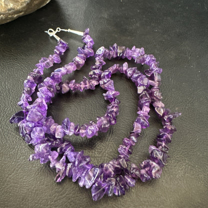 Purple Nugget Amethyst Southwestern Sterling Silver Beads Necklace 26” 18820