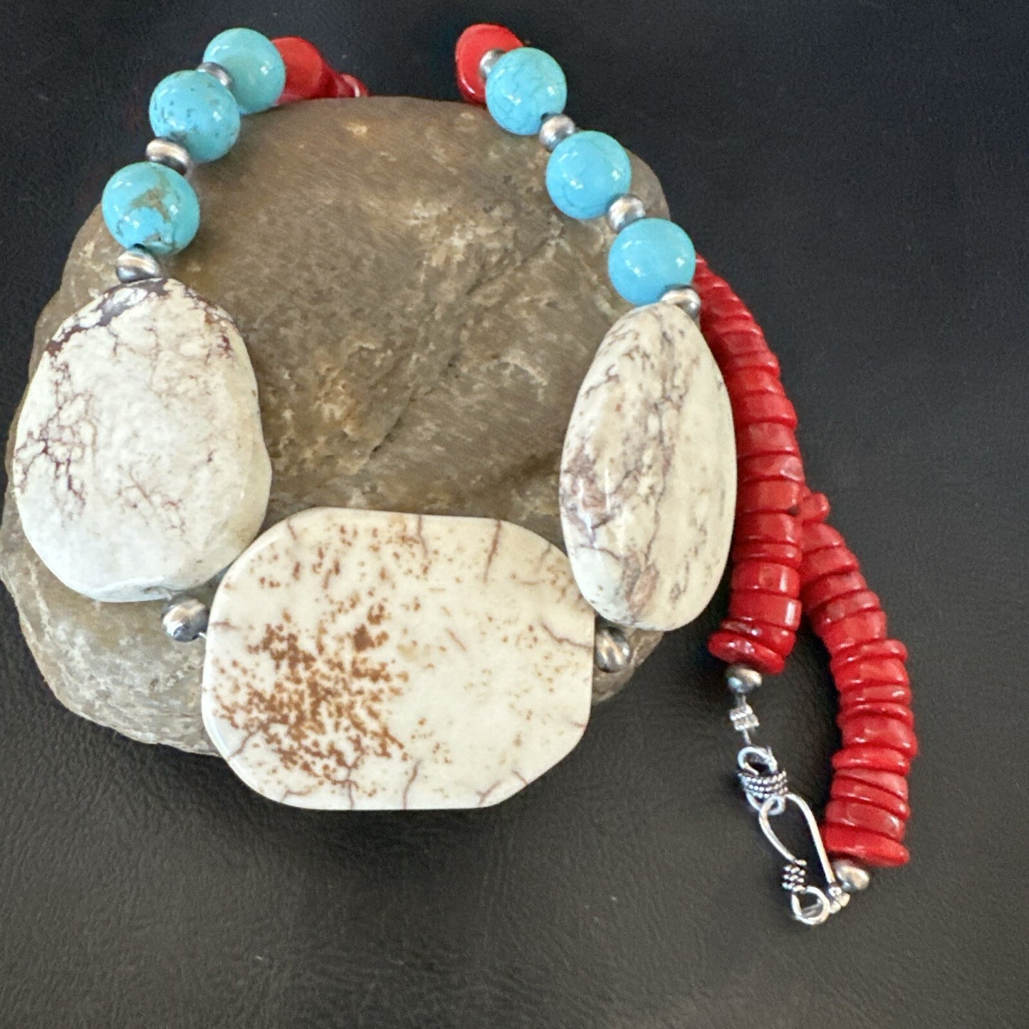 Mens Wild Horse Blue Turquoise Red Coral Navajo Sterling Silver Necklace 17981