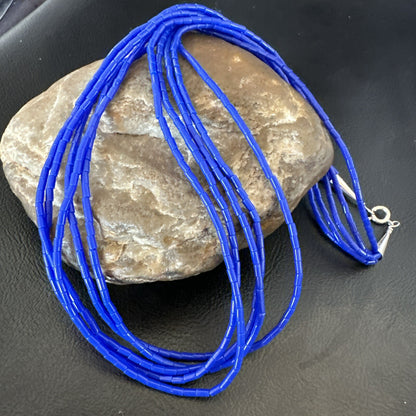 Navajo Lapis 5S Sterling Silver Tube Heishi Bead Necklace 19” 18102