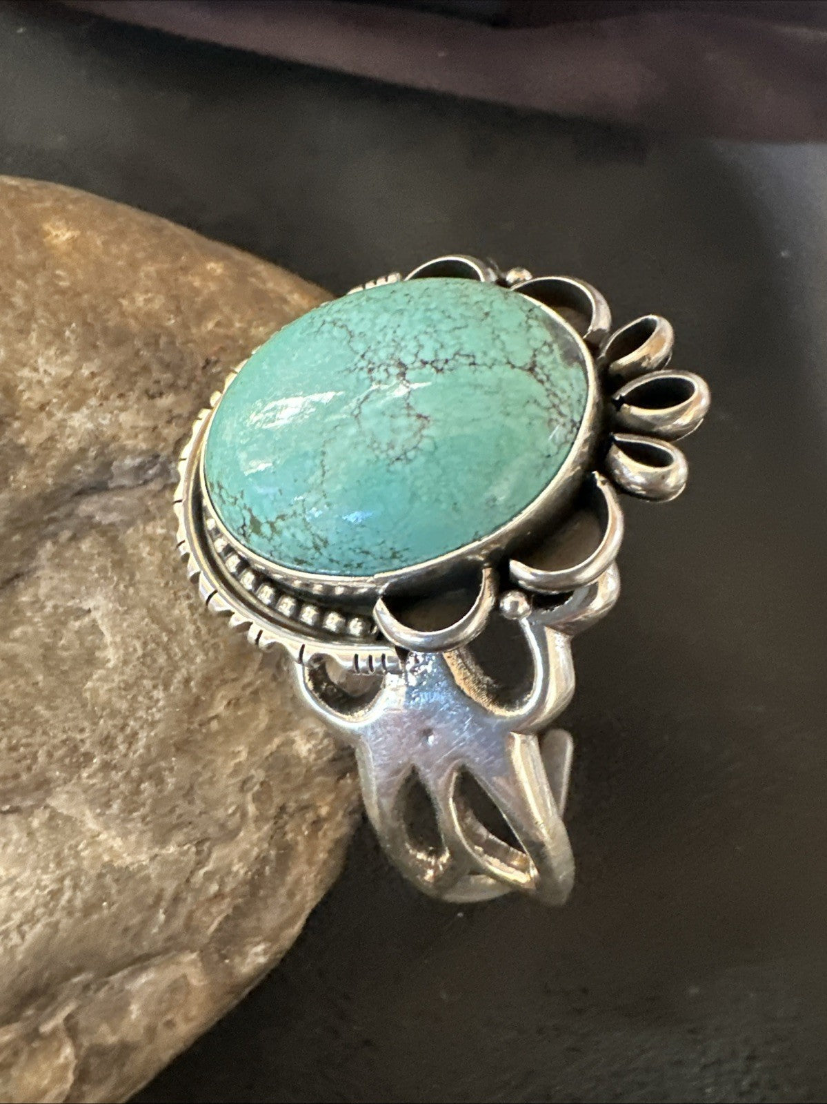 Yazzie Mens Blue Turquoise Navajo Sterling Silver Tufa Cast Cuff Bracelet 19694