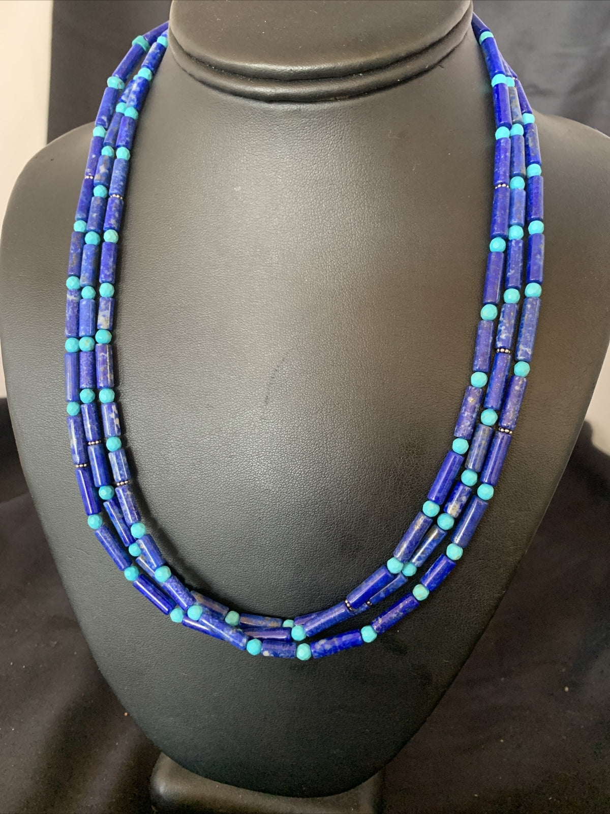 Lapis & Turquoise Tube Beads 3 Strands Navajo Sterling Silver Necklace 12701