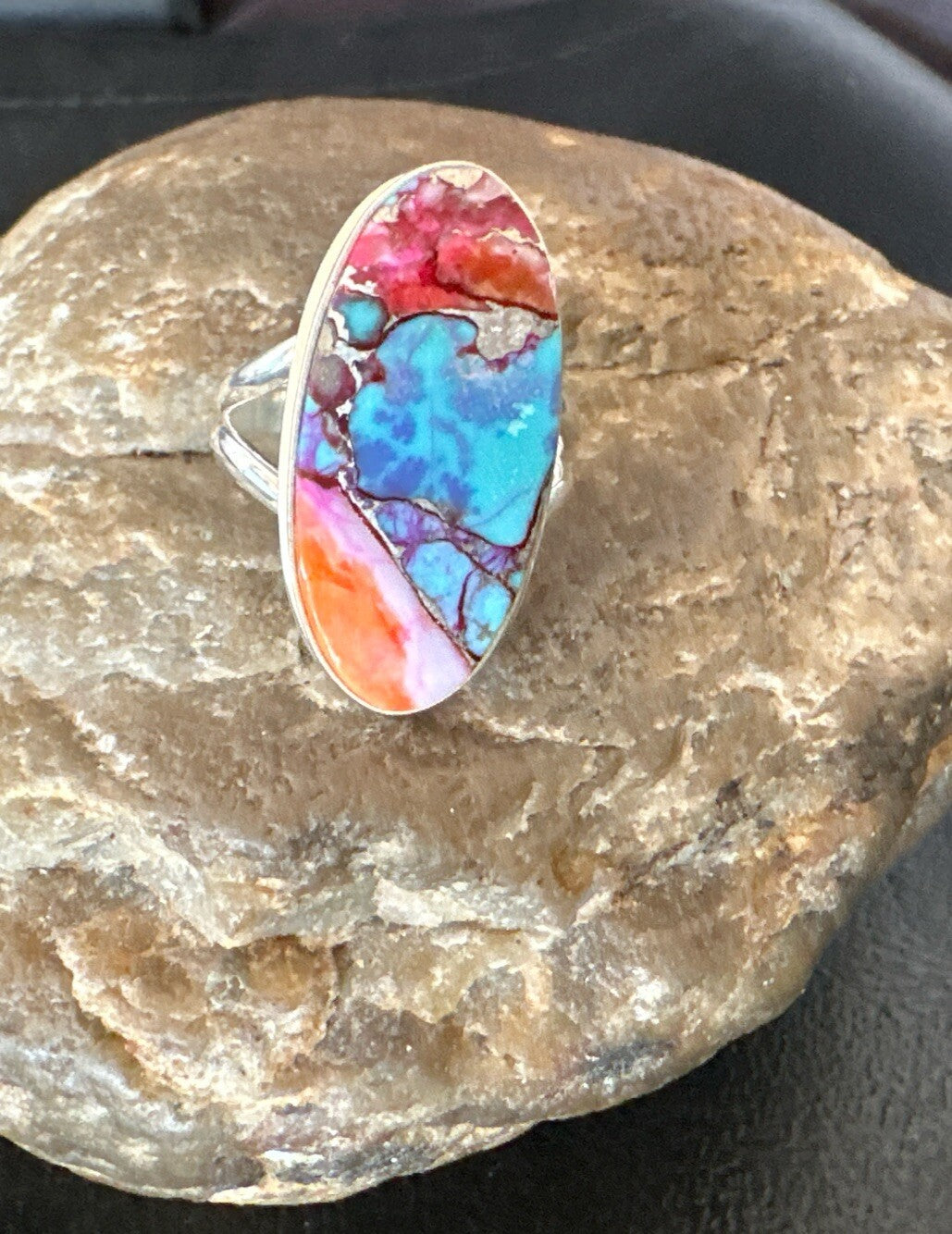 Blue Turquoise Spiny Oyster Southwestern Sterling Silver Ring Size 7 18496
