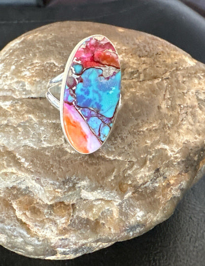 Blue Turquoise Spiny Oyster Southwestern Sterling Silver Ring Size 7 18496