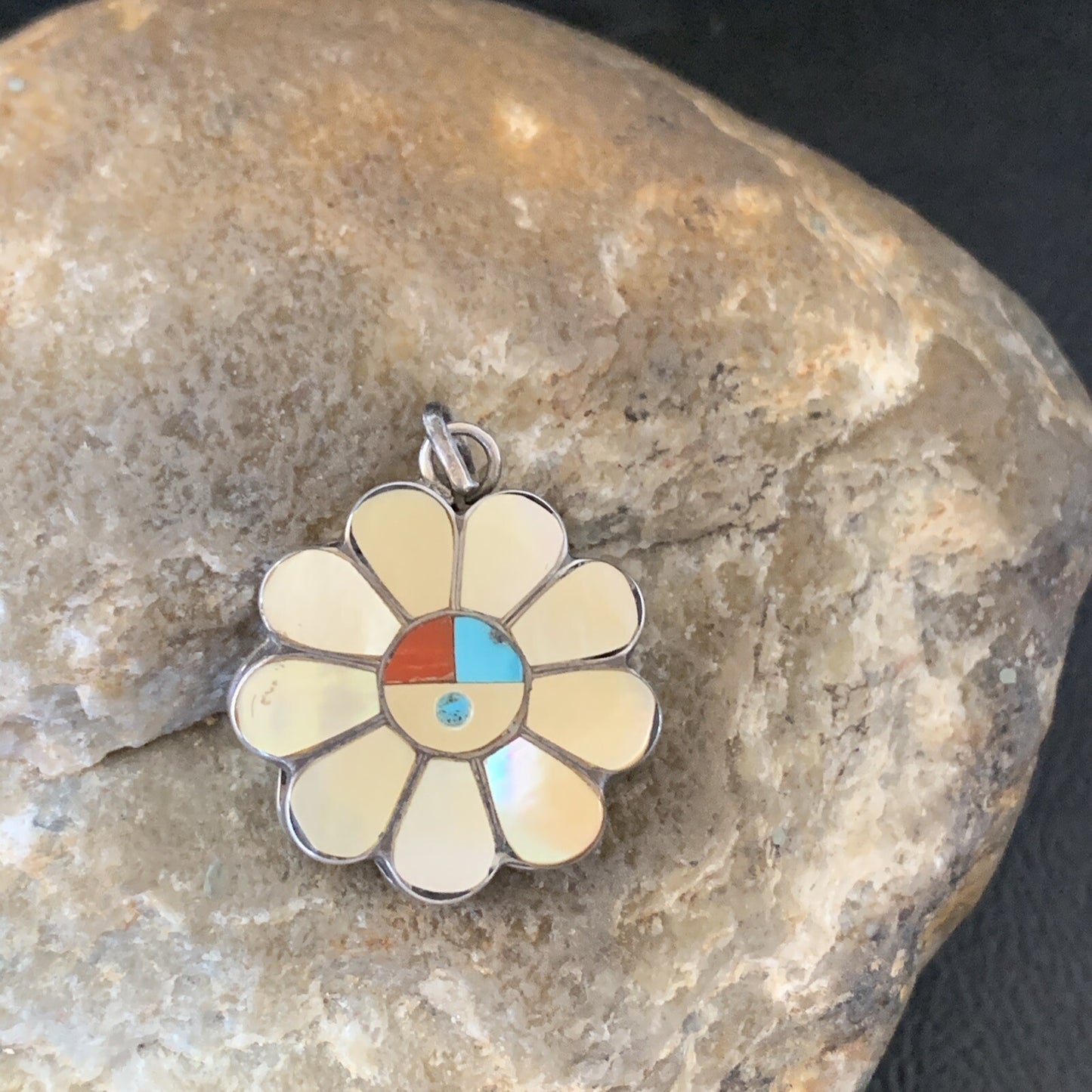 Mother Of Pearl Turquoise Spiny Inlay Zuni Sterling Silver 2 Sided Pendant 1683