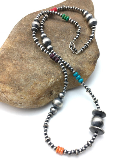 Turquoise Coral & Spiny Oyster Navajo Pearls Sterling Silver Bead Necklace 24"